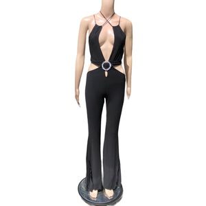 Black jumpsuit with plunging neckline, cutouts, leg bottom slits, crystals
